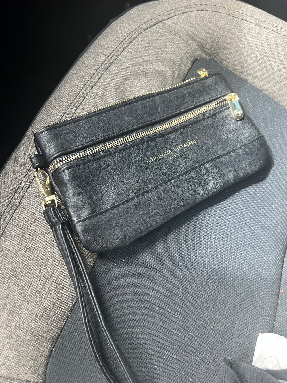 Adrienne Vittadini Black Leather Wristlet Clutch with Gold Hardware